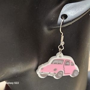 Retro Pink VW Beettle Bug Drop Earrings NWT